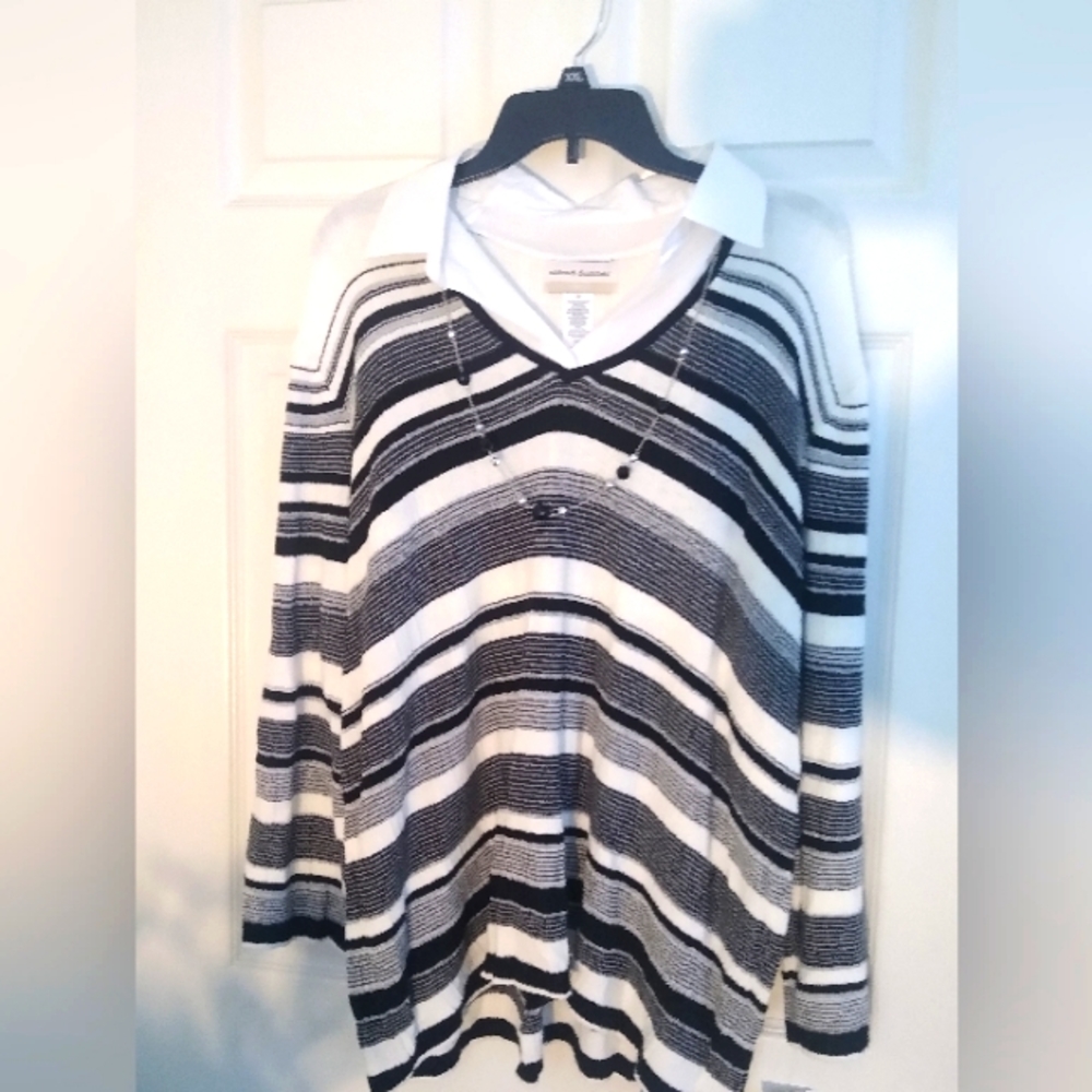Faux shirt sweater in Black, White,Grey,and Silver with attached necklace in 2X.